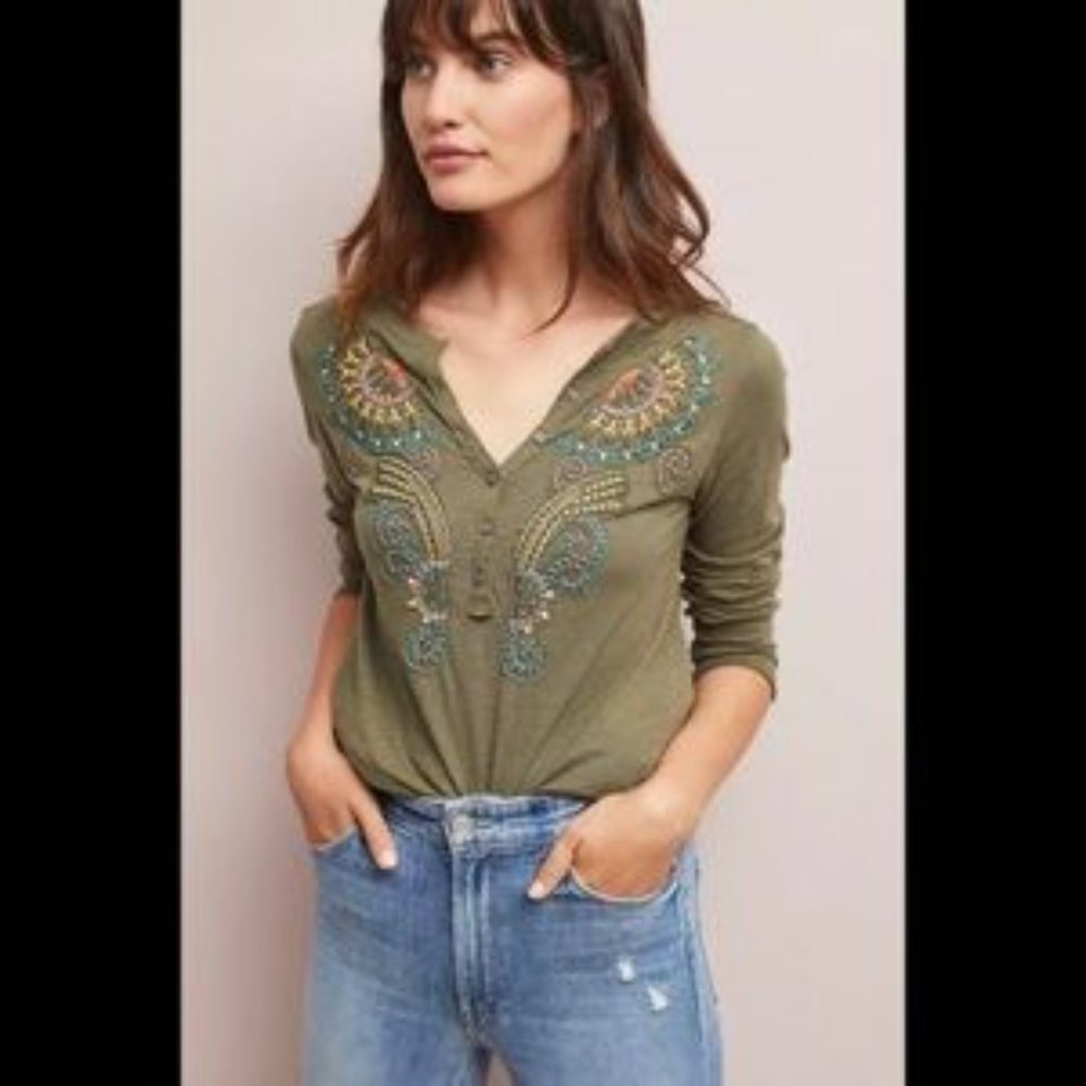 Anthro Akemi + Kin Embroidered Henley Top